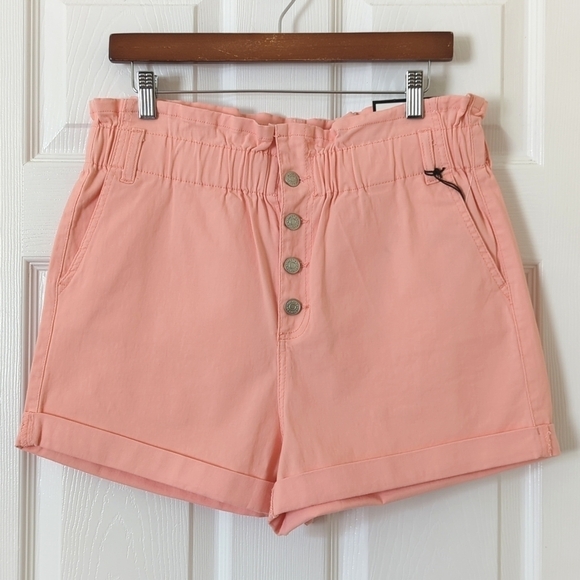 CP Jeans Retro High Waisted Wide Cuffed Leg Soft Paperbag Shorts Peach Pink 13 - Picture 1 of 14